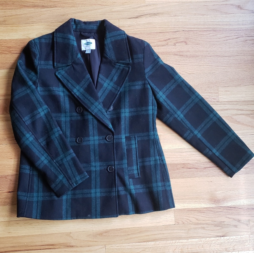 ON L black plaid wool peacoat